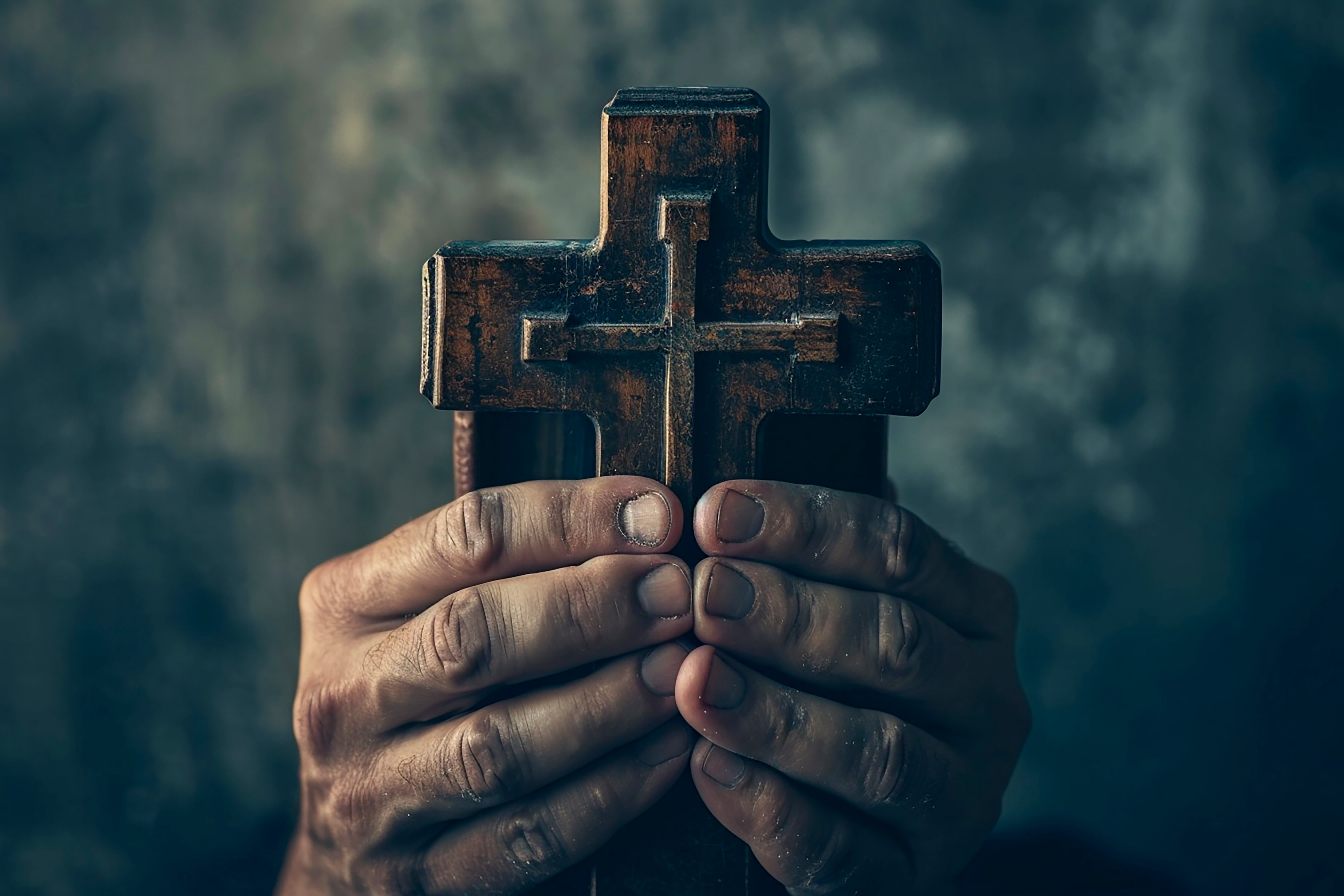 Close up person holding Bible & Cross while praying